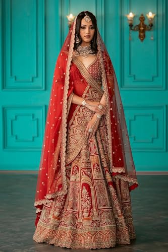 Women's Crimson Red Umbrella Style Silk Bridal Lehenga