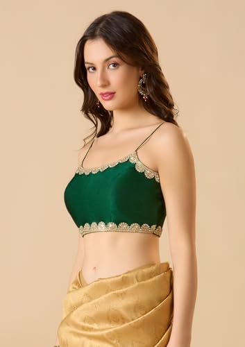 SALWAR STUDIO Green Taffeta Silk Spaghetti Readymade Blouse