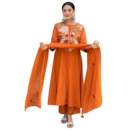 AVYUKTHA | Women Floral Embroidered Kurta with Pyjamas & Dupatta | Thread Work Ethnic Kurta Set for Women | Festive & Daily | Orange | Size- S