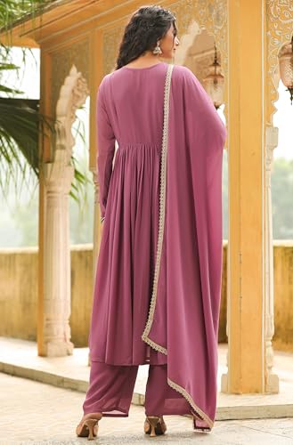 Janasya Lavender Yoke Embroidery Kurta with Palazzo & Dupatta For Women Georgette Fabric Latest Fashion