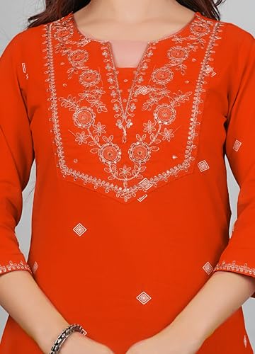 Amayra Women's Pure Cotton Embroidered Straight Kurta Set with Palazzo Pants & Dupatta- Ethnic Wear, Orange(TCK698,XXL)