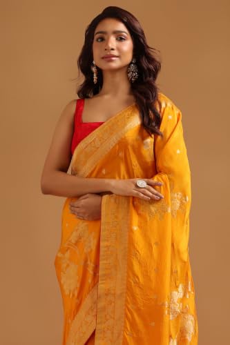Soch Womens Yellow Crepe Floral Zari Woven Saree