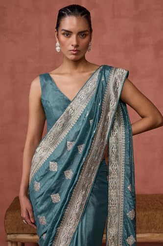 Soch Womens Turquoise Blue Fendy Georgette Embroidered Saree With Stone Work