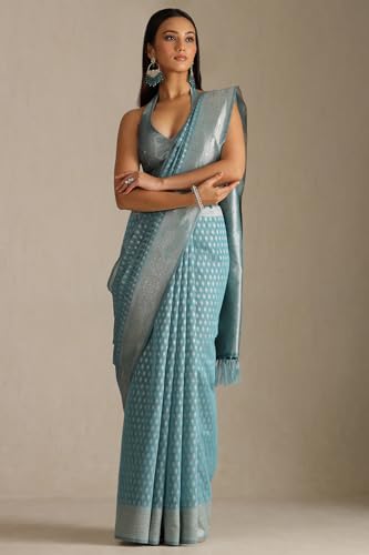 Soch Womens Turquoise Blue Tussar Woven Design Saree