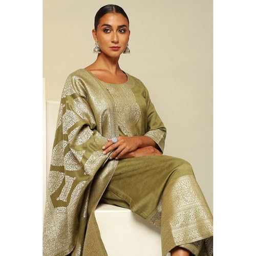 Rangriti Women Green Acrylic Straight Yarn Dyed Kurta Palazzo Suit Set_38