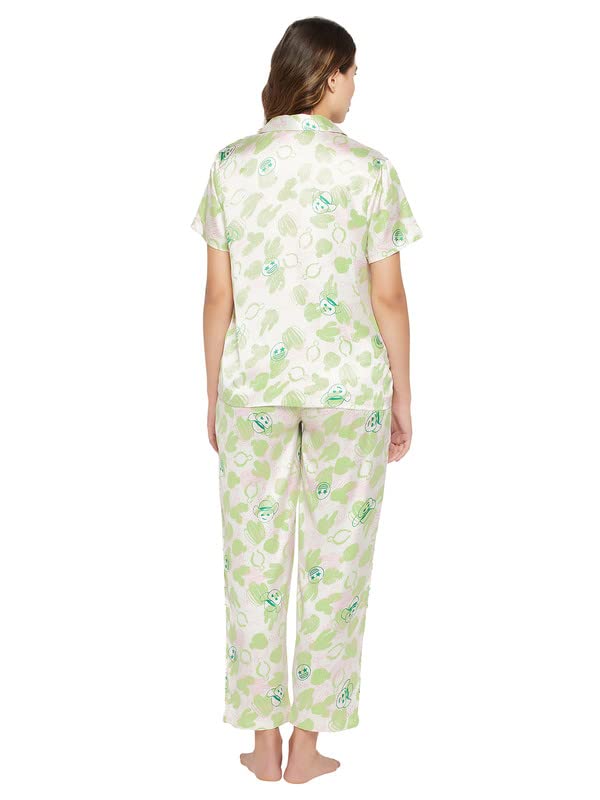 Clovia Women's Crepe Print Me Pretty Button Down Shirt & Pyjama Set in White (LS0385Q18_White_XXL)
