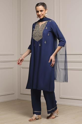 Biba Women Blue Viscose Rayon Straight Solid Suit Set_42