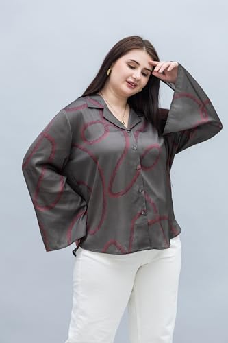 PURYS Women's Olive Abstract Print Plus Size Slit Sleeves Satin Shirt, 3X-Large