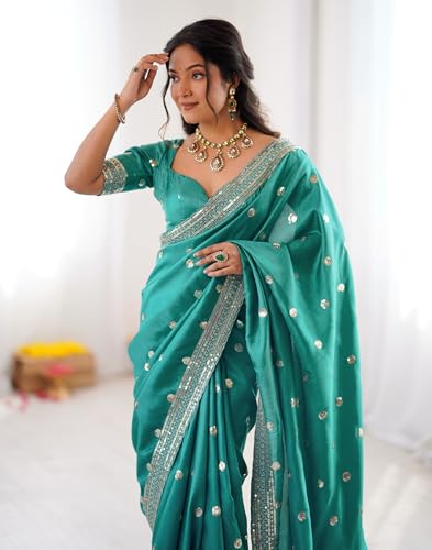 SIRIL Women's Silk Sequence Embroidery Lace Saree With Sequence Embroidery Unstitched Blouse Piece(4865S213_Teal Green)