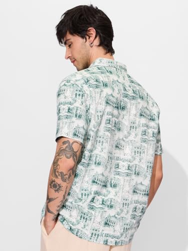 The Souled Store Green Escape Men and Boys Short Sleeves Collared Neck Button Front All Over Printed Cotton Holiday Shirts