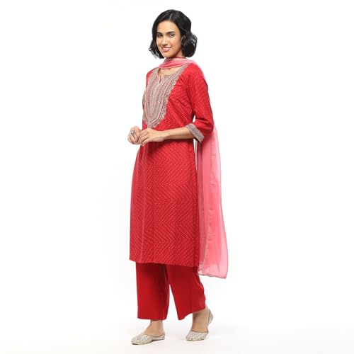 BIBA Women's Cherry Red Rayon Straight Suit Set_40