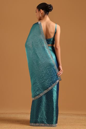 Soch Womens Turquoise Blue Fendy Organza Solid Embellished Swarovski Stone Detail Saree