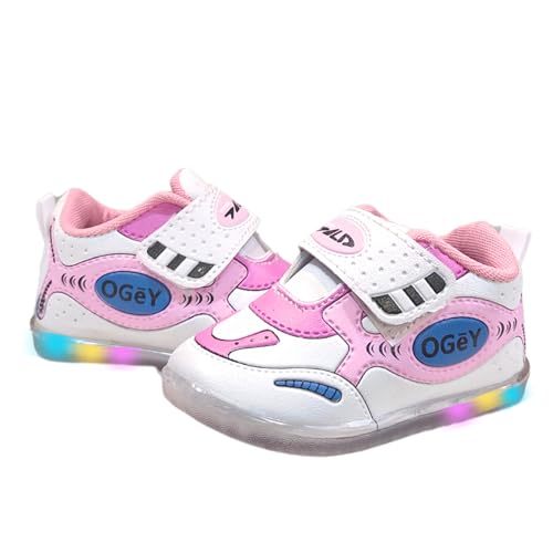 Gigahertz Light-Up Toddler Sneakers for Girls – Pink & White LED Shoes with Velcro Strap | Comfortable Non-Slip Kids Running Shoes (PINK, UK Footwear Size System, Toddler, Age Range, Medium, 6 Months, 9 Months)