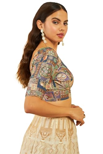 Soch Womens Grey Silk Zari Woven Back-Open V-Neck Blouse