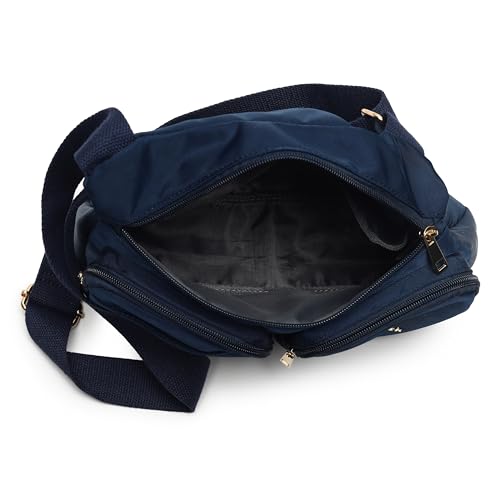 Blue Nylon Sling Bag for Women | Lightweight Twill-Detail Crossbody with 2 Main Compartments, 3 Quick-Access Pockets & Zipper Closure | Everyday Sling for Travel, College & Casual Outings