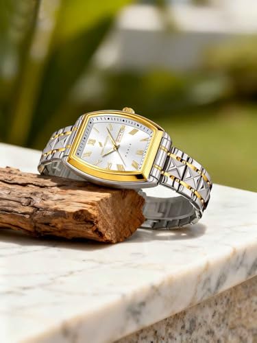 Daniel Hechter Duroc Collection Luxury Watch for Men with Roman Indices, Day-Date Display and Two-Tone Studded Stainless Steel Strap (White)