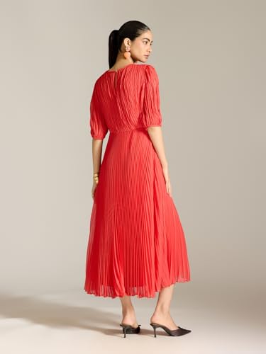 Label RITU KUMAR Red Demi 3/4Th Sleeves Solid Long Dress
