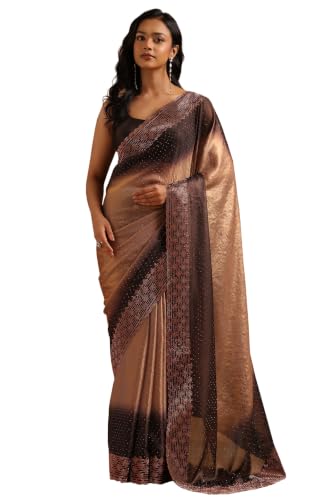 Soch Womens Brown Fendy Organza Ombre Stone Embellished Saree
