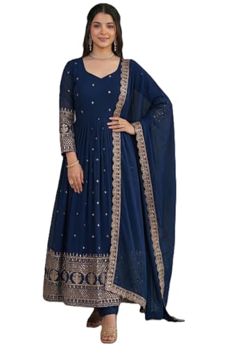 Leeli Peeri Designer Women's Vichitra Silk Sequence Work Anarkali Kurta with Trouser and Dupatta