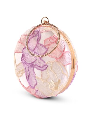 THE TAN CLAN Pink Floral Embroidered Clutch Purse For Women Stylish Bridal Handbag Round Designer Clutch Bag For Women Wedding Ethnic Fancy Purse With Chain And Metal Handle Luxury