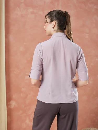 Latin Quarters Women's Pink Half Sleeves Solid Collared Casual Shirt_S