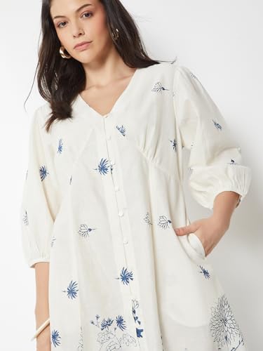 Max Women Floral Print A-Line Dress (Off White_XS)