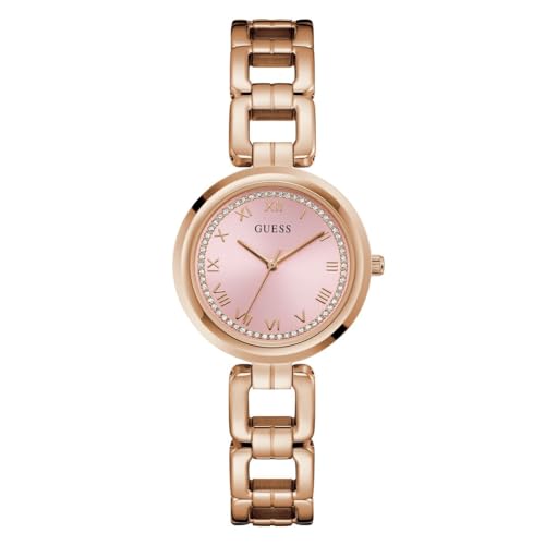 Guess Gd Millie Analog Watch for Woman with Pink Round Dial & Rose Gold Tone Recycled Steel Bracelet Band Water Resistant Women's Wrist Watches - U1387L8M