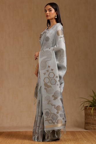 Soch Womens Light Grey Tussar Woven Design Saree