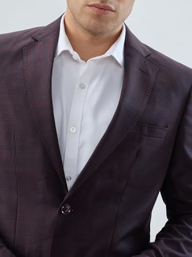 Park Avenue Men Slim Fit Checks Pattern Poly Wool Blend Notch Lapel Full Sleeve Formal Suit Maroon