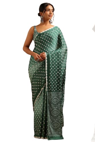 Soch Womens Sap Green Modal Silk Bandhani Printed Bandhani Saree