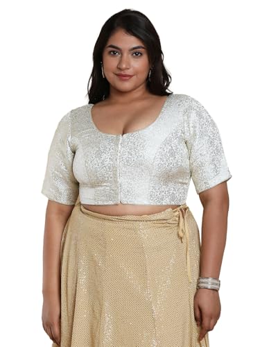 SALWAR STUDIO Women's Off White Brocade Readymade Saree Blouse-PLSSB00014-OFWH