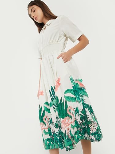 Max Women Floral Print Shirt Dress(White_XL)