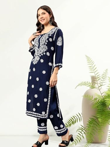 Seva Chikan Hand Embroidered Lucknowi Chikankari Navy Blue Rayon Kurta & Palazzo Set for Women (8108_Navy Blue_XS)