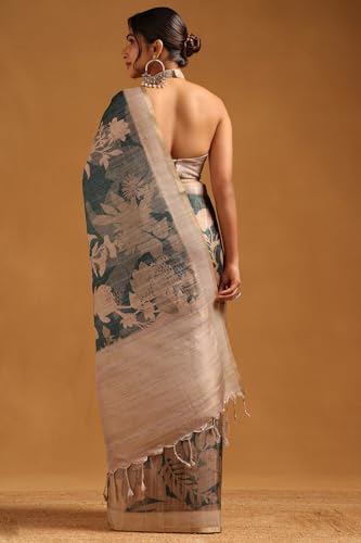 Soch Womens Teal Blue Tussar Floral Printed Saree