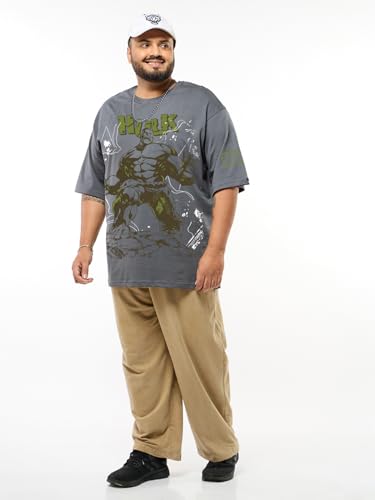 Bewakoof Official Marvel Merchandise Hulk Men's Graphic Print Oversized Fit Half Sleeve Round Neck Cotton Plus Size T-Shirt_694209_Grey_4XL