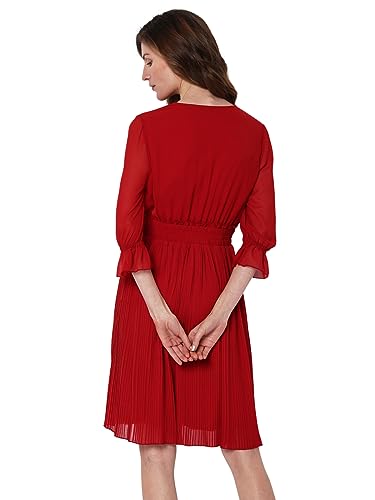 VERO MODA Women Textured Polyester Knee Length Red Fit & Flare Dress