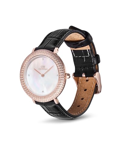 Daniel Wellington Crystal Bezel Analogue Watch for Women with Mother of Pearl White Round Dial & Black Leather Strap Band Water Resistant Women's Wrist Watches - DW00100827K