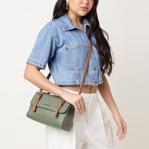 Fastrack Monochrome Muse Satchel | Faux-Leather Satchel for Women in Olive with Tan Accents | Buckle-Flap Closure, Dual Carry Options, Centre Zip Divider & Quick-Access Pockets
