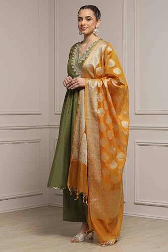 Biba Women Sage Green Polyester Blend Anarkali Embroidered Suit Set_36