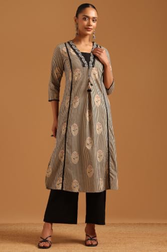 Soch Womens Black Cotton Digital Printed Stripes Machine Weave Block Print Salwar Suit