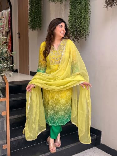 VARNI FABRICS: A lady's First Love Women's Yellow Silk Blend Embroidered Straight Kurta Set With Pant And Dupatta