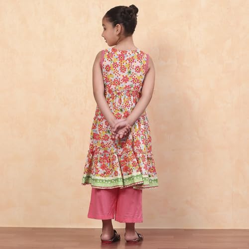 Biba Girls Coral Tiered Cotton Printed Kurta suit set