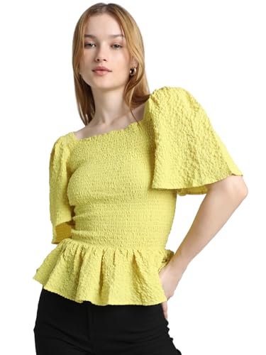 ONLY Women Self Design Polyester Blend Fit & Flare Yellow Peplum Top