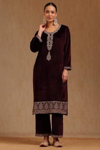 Soch Womens Wine Velvet Embroidered Suit Set With Sequins