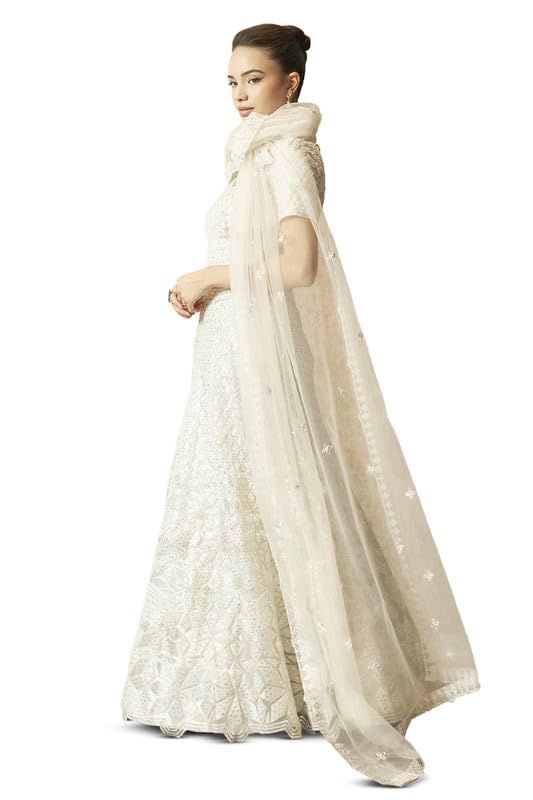 Soch Womens White Net Embroidered Unstitched Lehenga Set with Sequin Embellishments