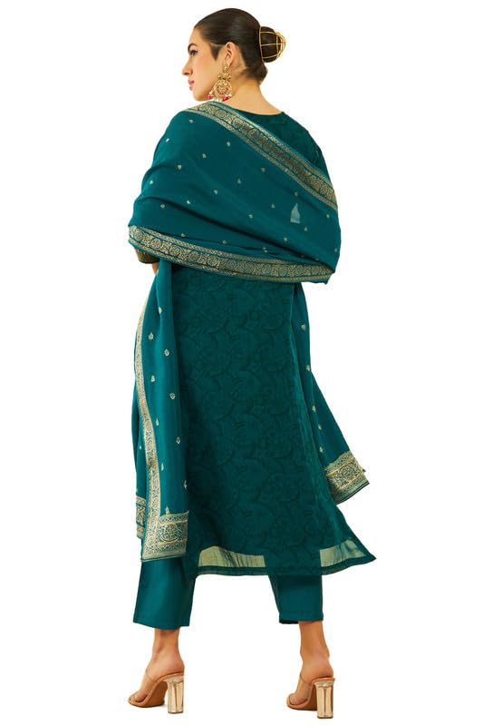 Soch Womens Green Brocade Kantha Print Suit Set with Cutdana Work