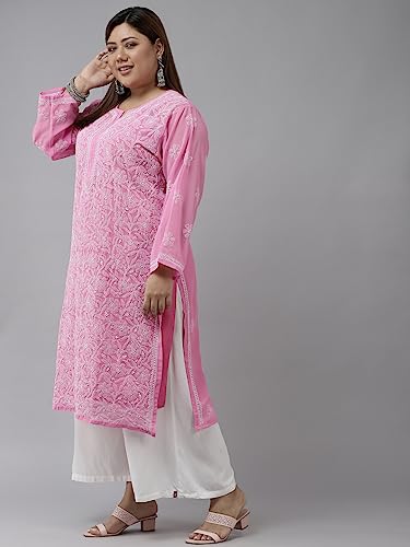 Ada Hand Embroidered Indian Chikankari Women's Faux Georgette Kurti Kurta A411221 (L_Pink), Pink, L