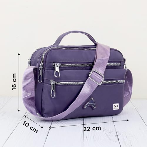 NFI essentials Crossbody Bag for Women, Multi-Layer Stylish Sling Bag for Girls, Nylon Shoulder Bag Purse for Ladies, Multi Pocket Travel Massenger Bag for Woman Latest (Purple)