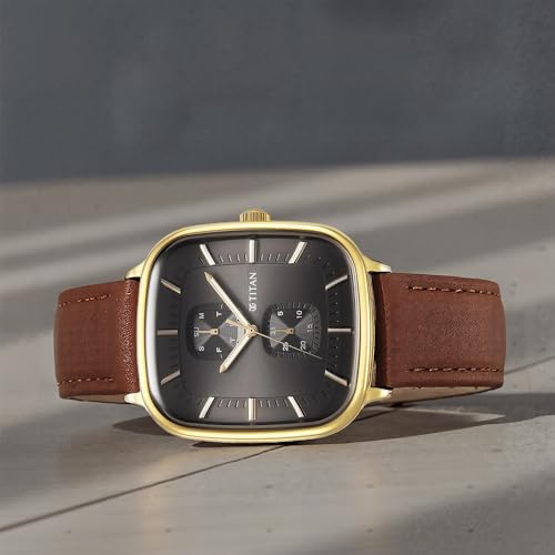 Titan Avant Garde Quartz Multifunction Anthracite Dial Brown Leather Strap Watch for Men - NT90178YL01