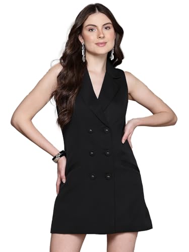Label RITU KUMAR Collar Neck Sleevesless Solid Short Dress Black